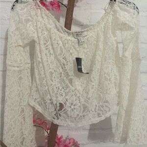 Forever 21 Cream Lace Off-Shoulder Bell Sleeve Blouse